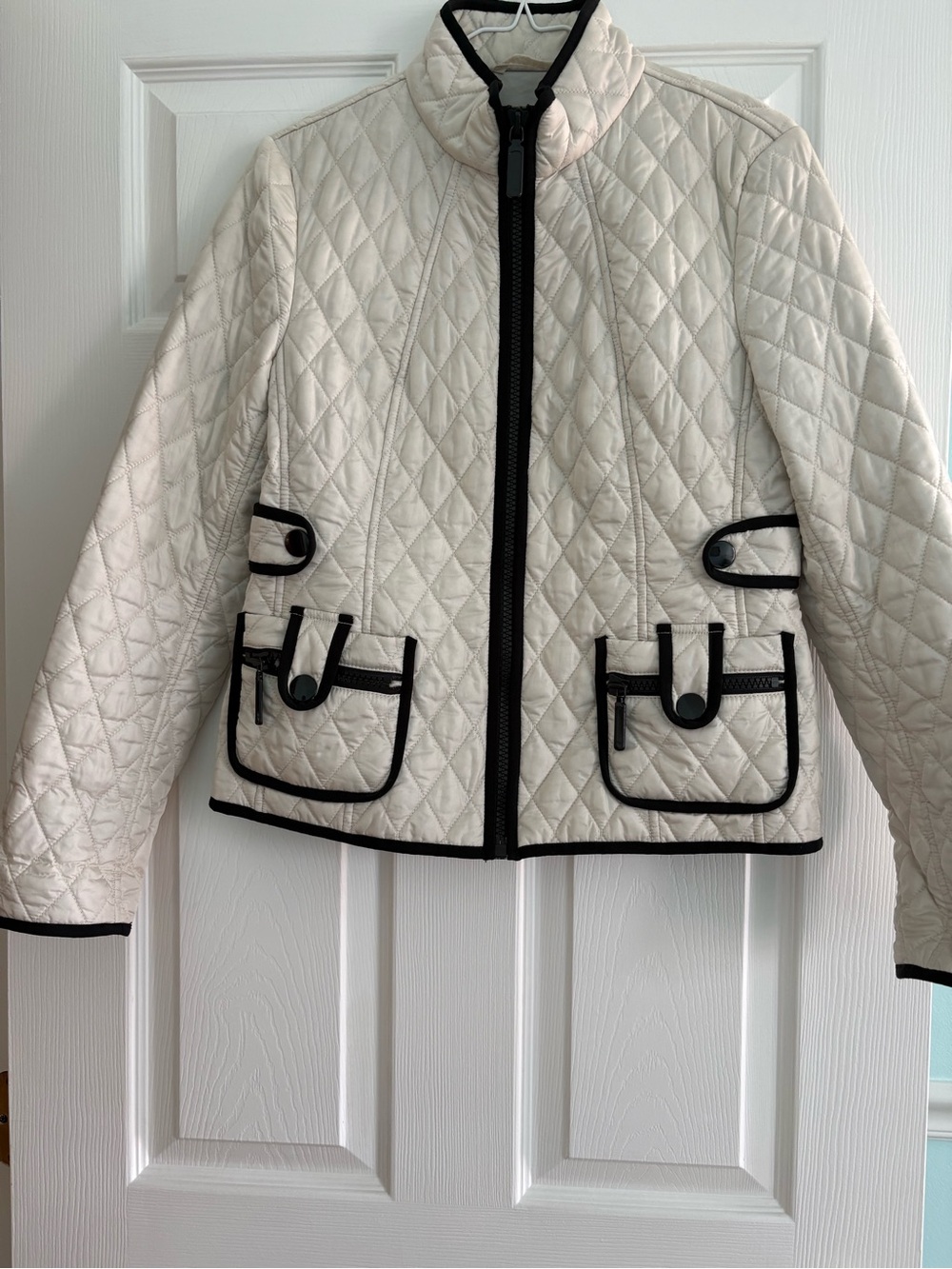 Ann Taylor Quilted Cream Jacket with Black Trim